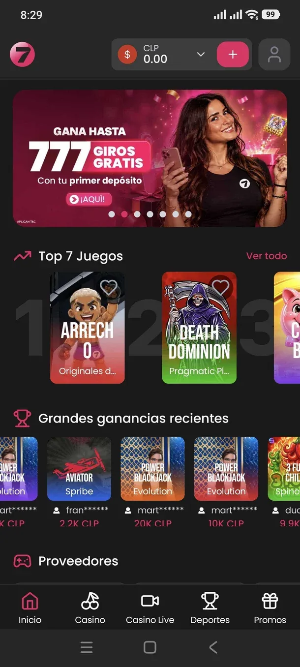 Pantalla de inicio de la app Siete con apuestas deportivas y juegos de casino
